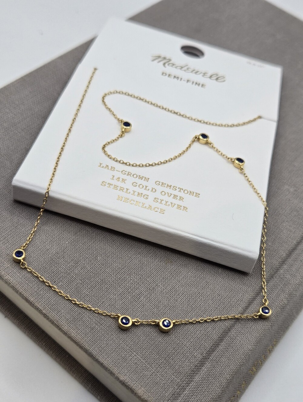 Madewell Gold Demi-Fine Sapphire Station Necklace Dainty Chain 17" CZ Sparkle
